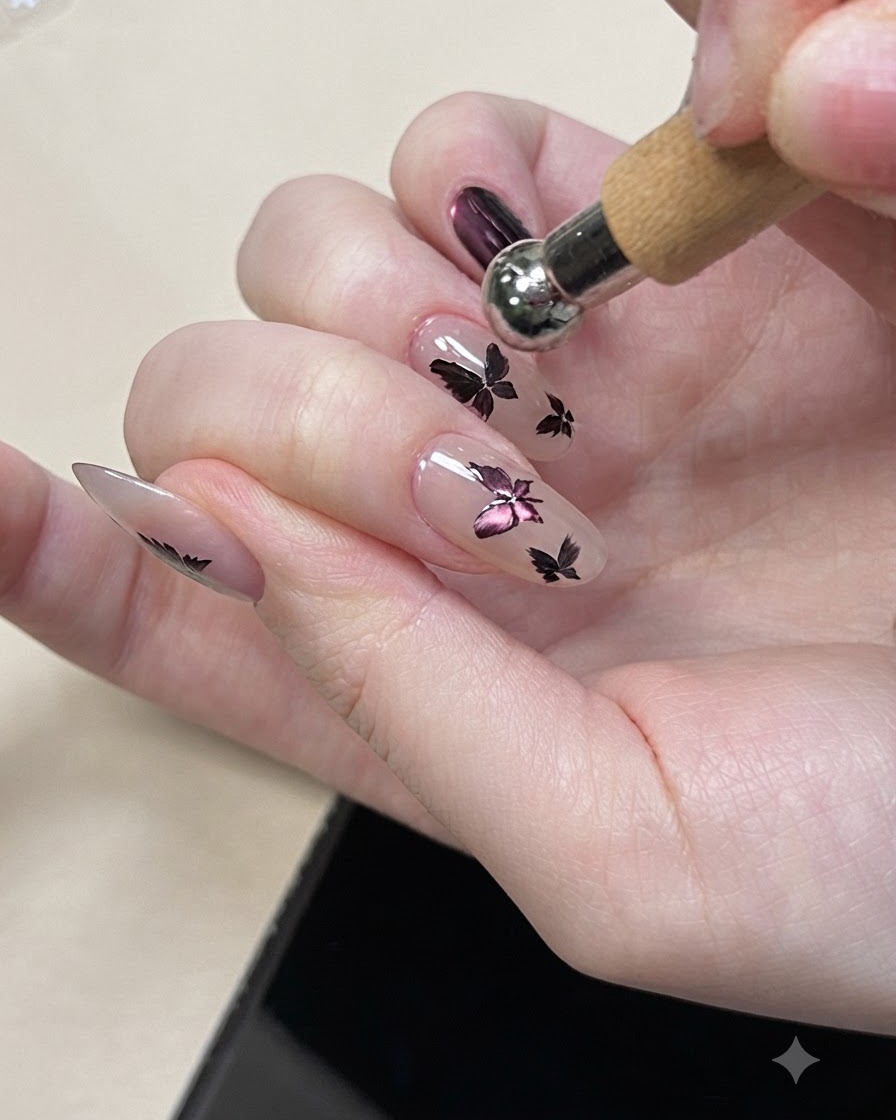 完成したパープルバタフライネイルアートの上に透明なトップコートを塗り、表面を滑らかにしているブラシ。