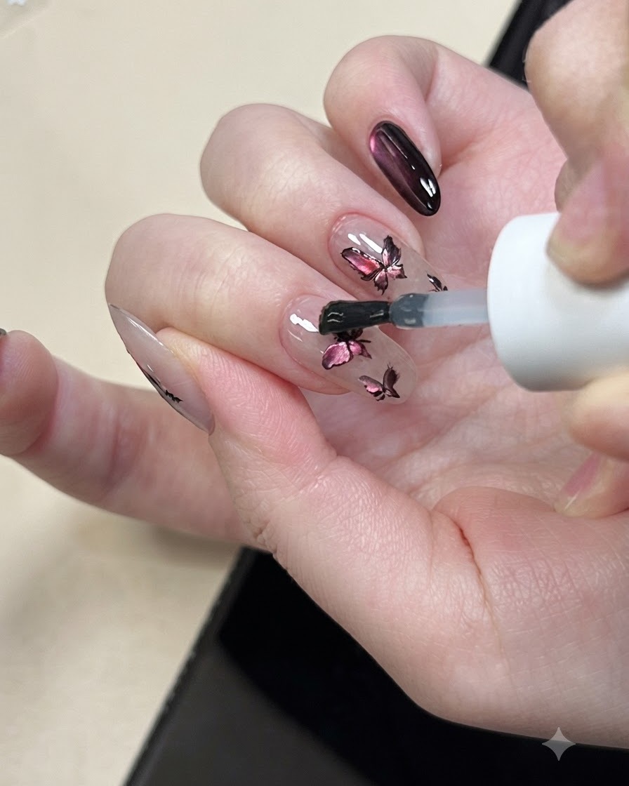完成したネイルデザインの上に細かい装飾ラインを作るために、スパイダーウェブジェルのストランドを引っ張っている細いライナーブラシ。