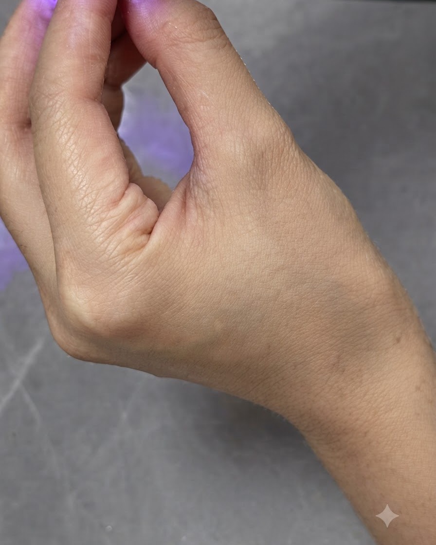 Eine kleine tragbare UV/LED-Lampe ist über einem Fingernagel positioniert, um Gel-Lack auszuhärten.