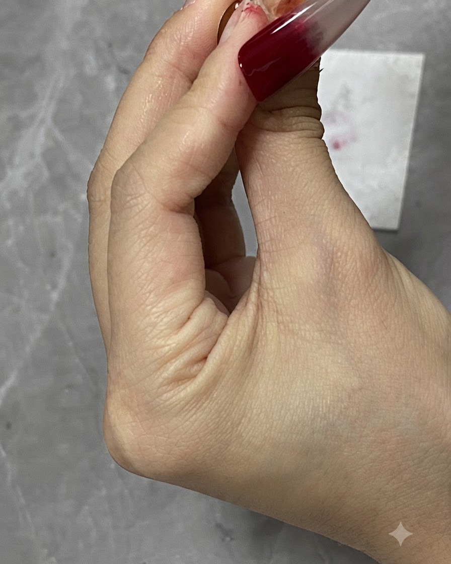 Ein Pinsel verfeinert den Verlaufsblend auf einer weinroten Ombré-Nagelspitze.