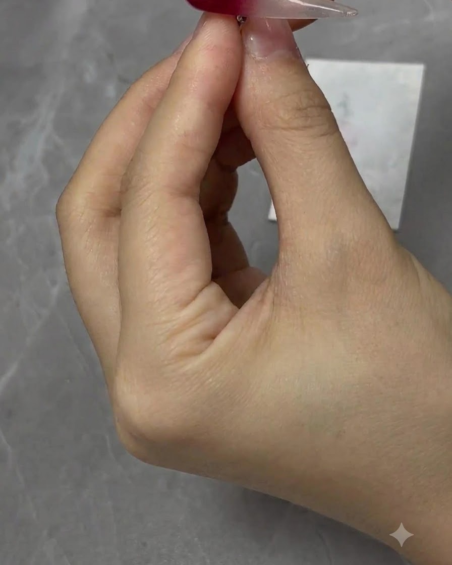 Eine Mini-UV/LED-Curing-Lampe härtet eine weinrote Ombré-Nagelspitze aus.