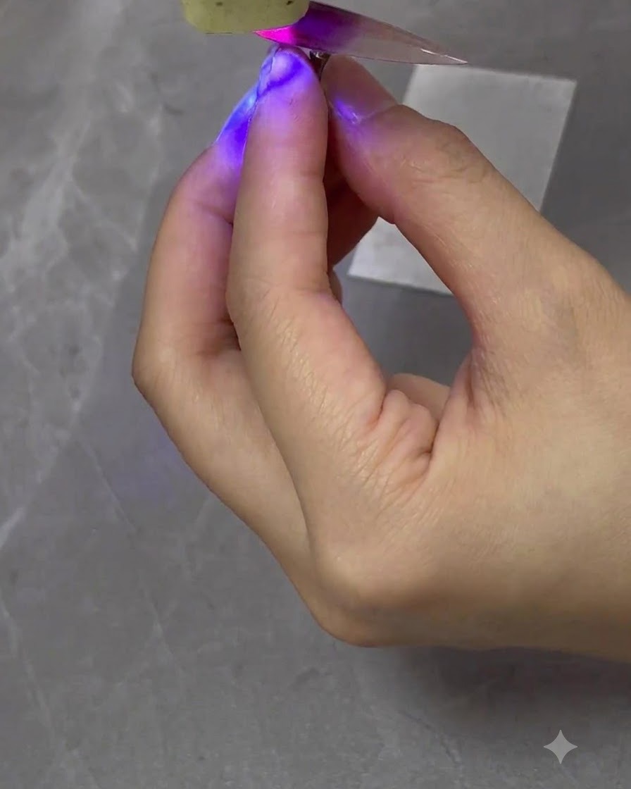 Eine lila getönte Mini-UV/LED-Lampe härtet eine mit einem Farbverlauf bemalte Nagelspitze aus, die von Hand gehalten wird.