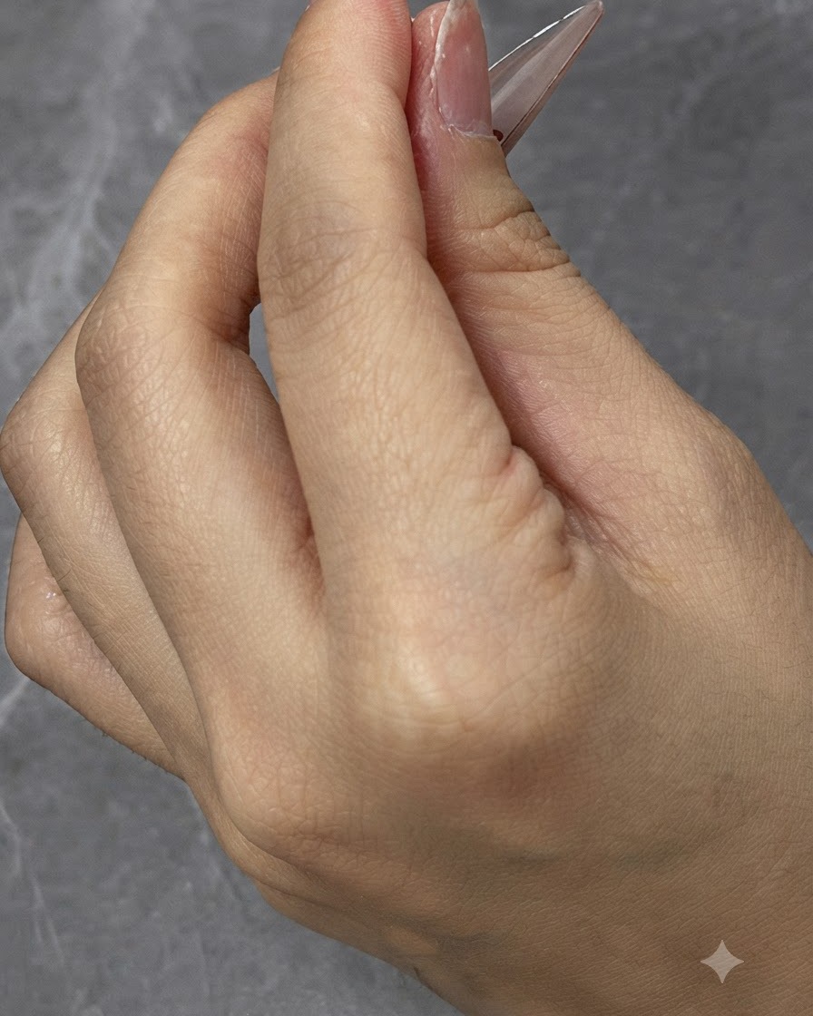 Eine Nahaufnahme des Auftragens von Top Coat auf die untere Kante einer fertigen Nagelverlängerung.