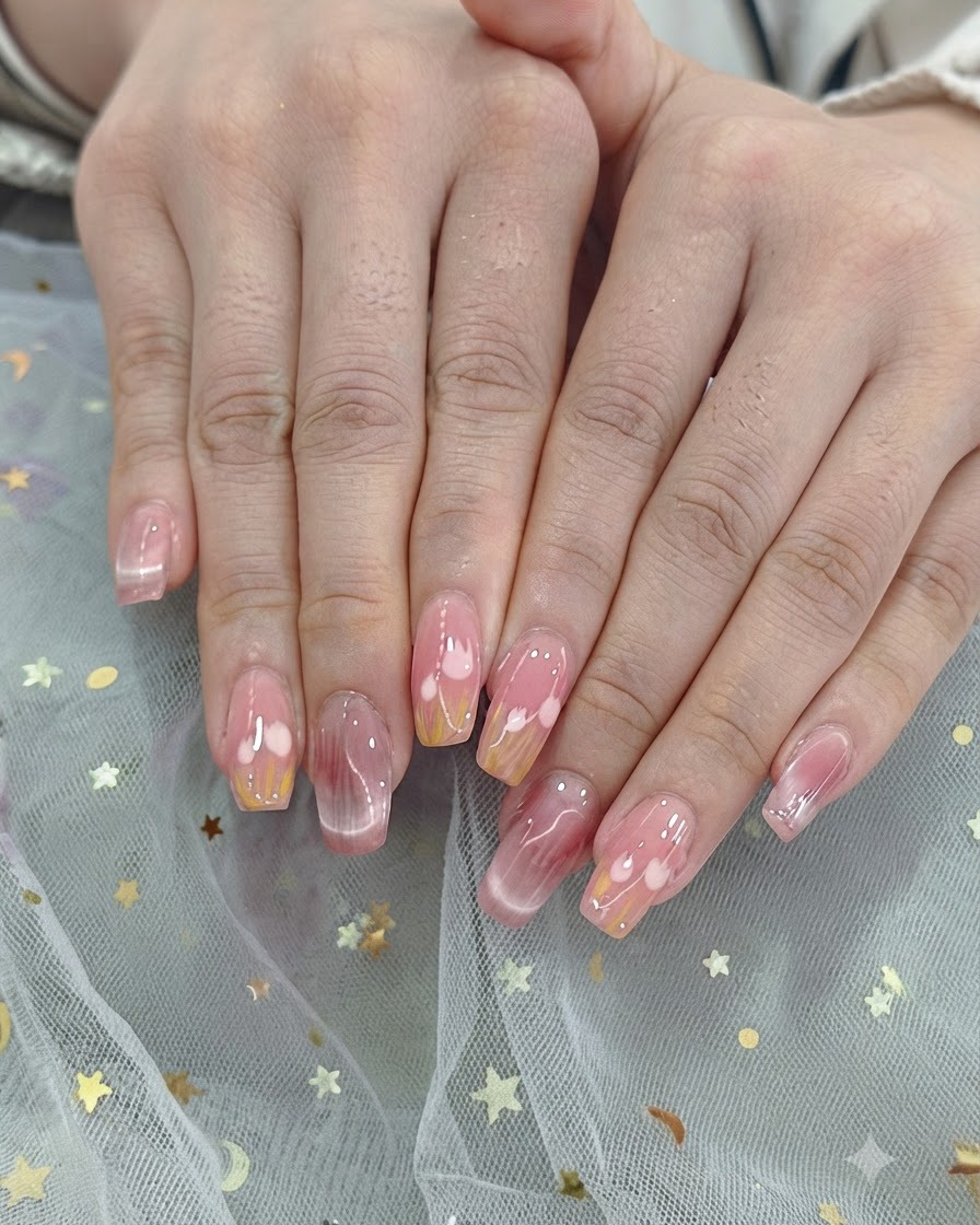 ピンクの光を放つUV/LEDネイルランプの中で、クライアントの両手が硬化している様子。