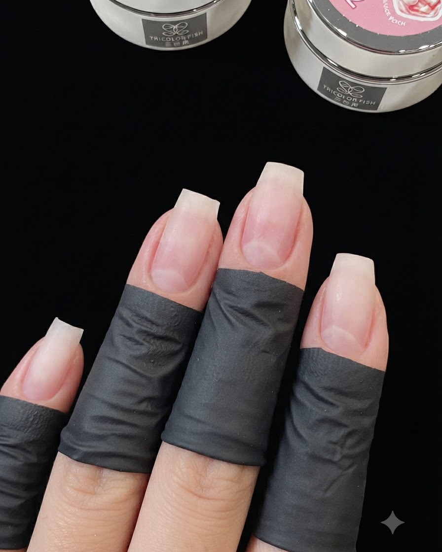 黒いプロテクトラップを巻いた4本の指のクローズアップ。フリーエッジにビルダージェルを塗布して下準備をした自爪を示している。