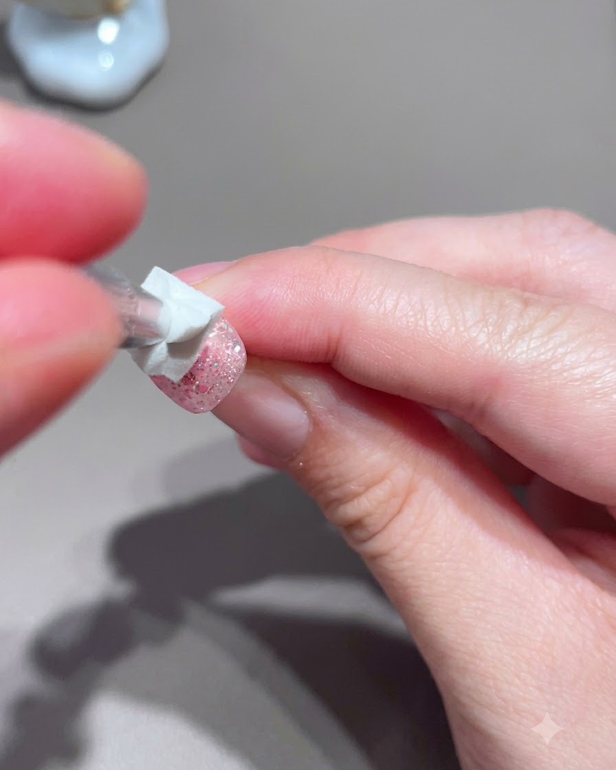 ごく薄い半透明のピンクカラーをネイルデザインの上にブラシで塗っているところ。