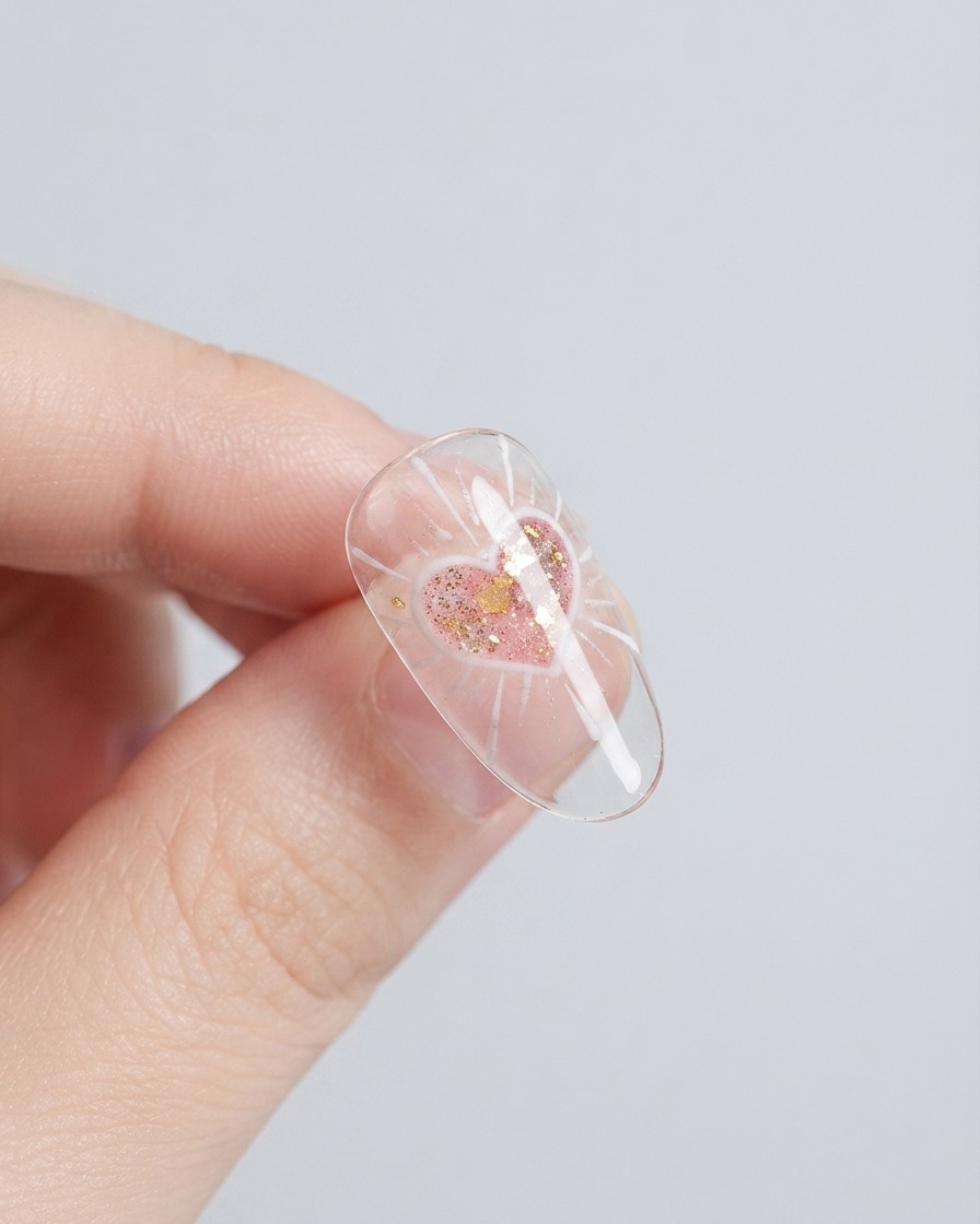 光のウェーブパターンの上に、ツヤのあるぷっくりとした立体的な3Dハートの形が際立っている仕上がりのネイル。