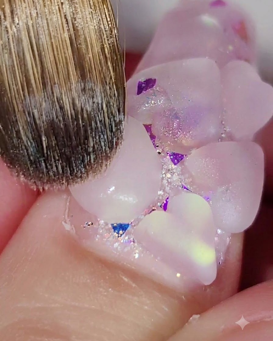 装飾されたネイルの表面にピンクのアクリルハートの形を彫刻しているプロのネイルブラシ。