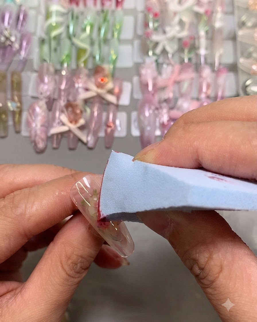 メイク用スポンジを使ってネイルの中心にピンクのジェルをポンポンと叩き込み、チーク効果を作っている様子。