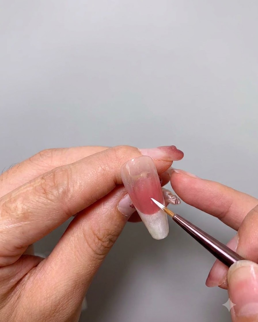 細いブラシでネイルの先端に2層目の白いポリッシュを塗布している様子。