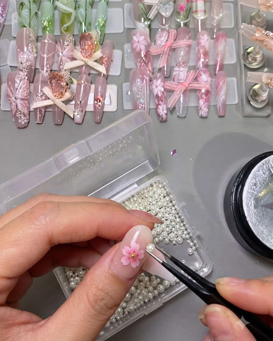 ピンセットを使って収納ホイールからパールを選び、複数のフラワーネイルデザインを装飾している手。