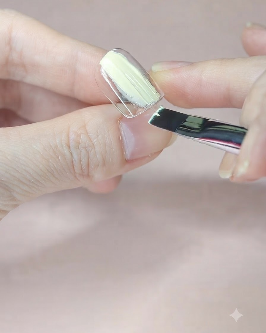 透明なネイルスタンド上のチップに平筆で淡いイエローのベースジェルを塗布している様子。