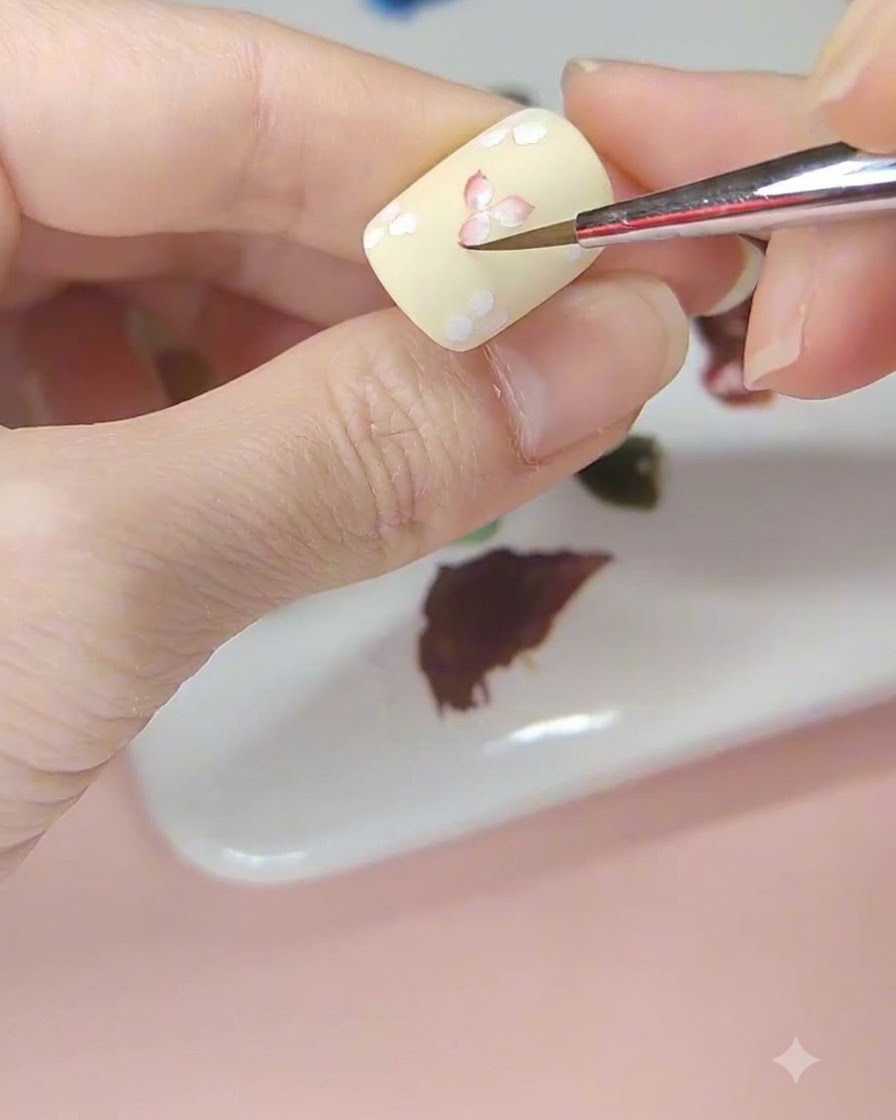 ネイル上のすべての白いお花の中心に赤い水彩絵の具をのせて色づけている手元。