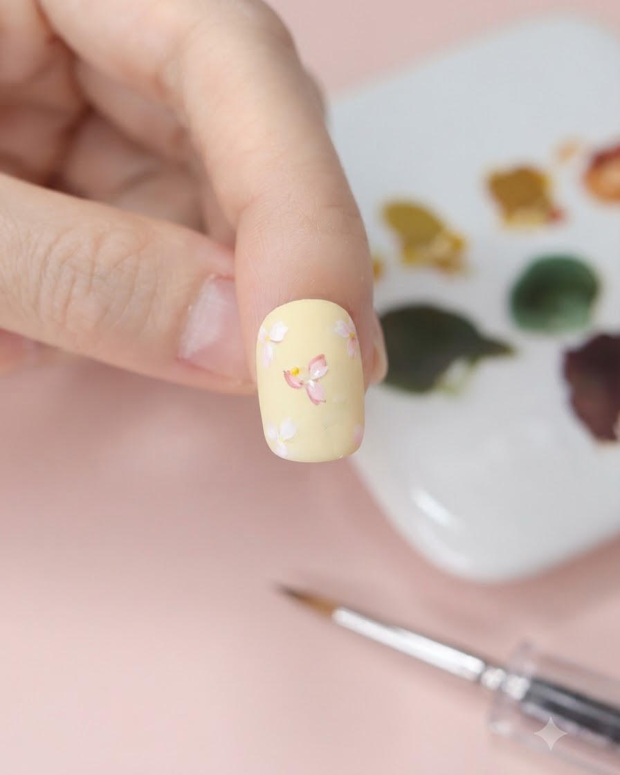 筆をきれいに洗ったあと、パレットから柔らかい黄色の水彩絵の具を含ませている様子。