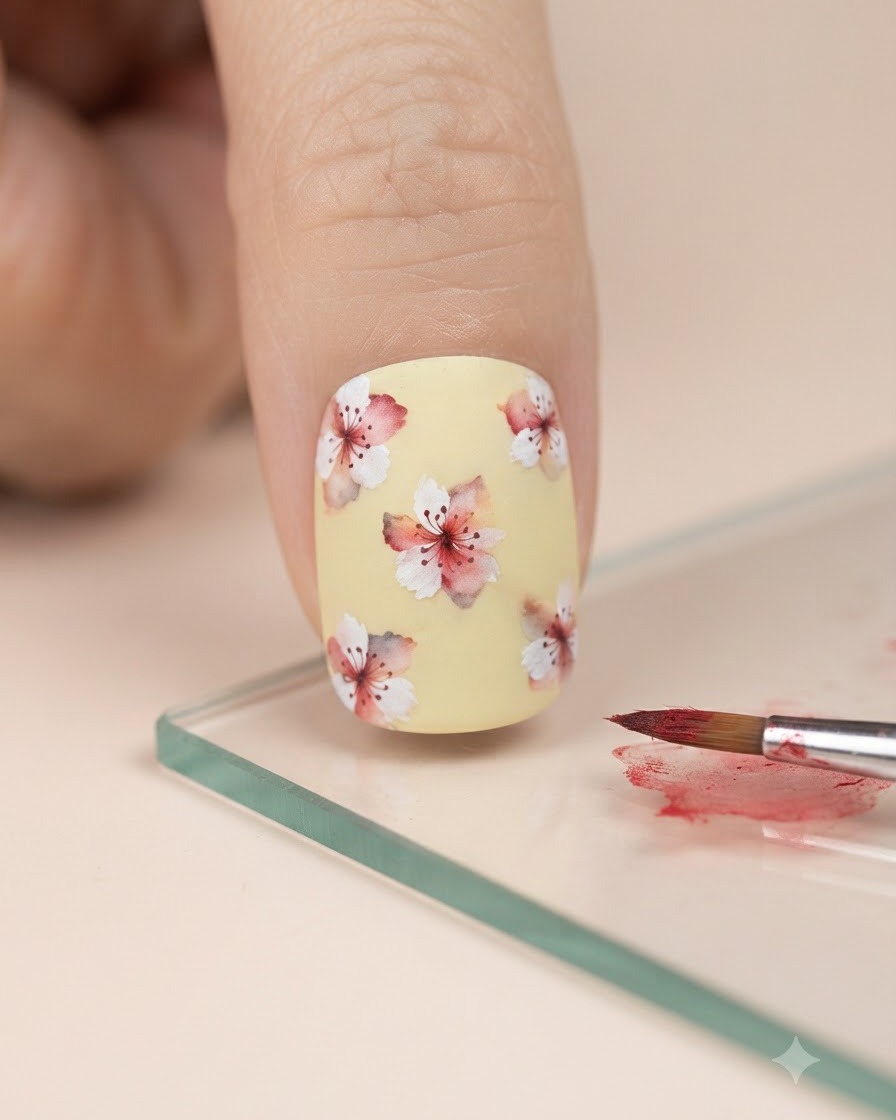 ガラスパレットから筆先で赤色の水彩絵の具を溶かして取っている手元の様子。