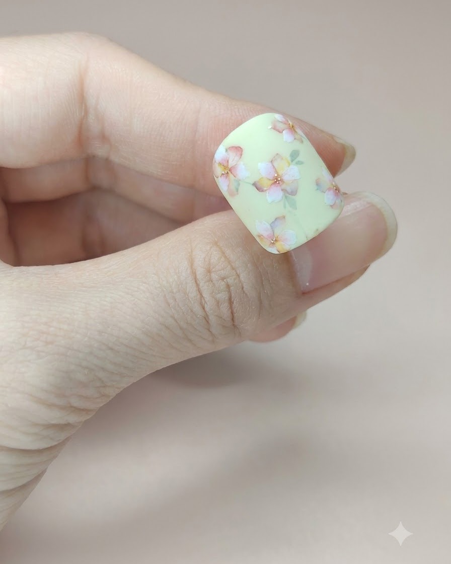 爪の下側にあるお花のそばにグリーンの水彩絵の具で繊細な葉を描いている様子。