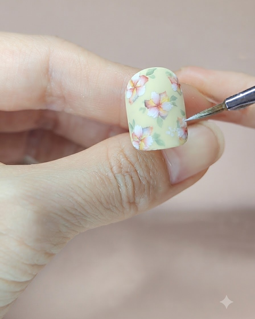 葉の輪郭を整え、お花の中心にドットを打つ準備をしている完成間近のネイルアート。