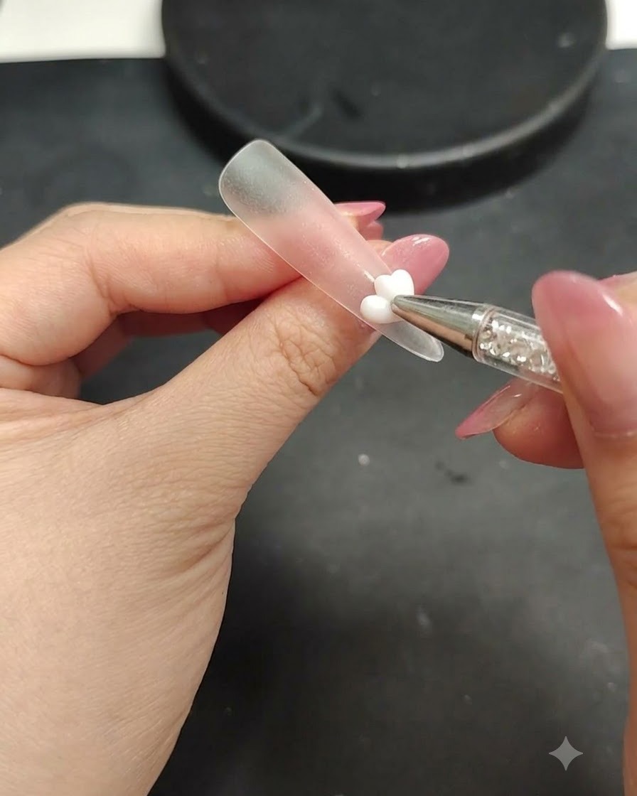 完成した春のフラワーネイルデザインに最後のトップコートを塗布している様子。
