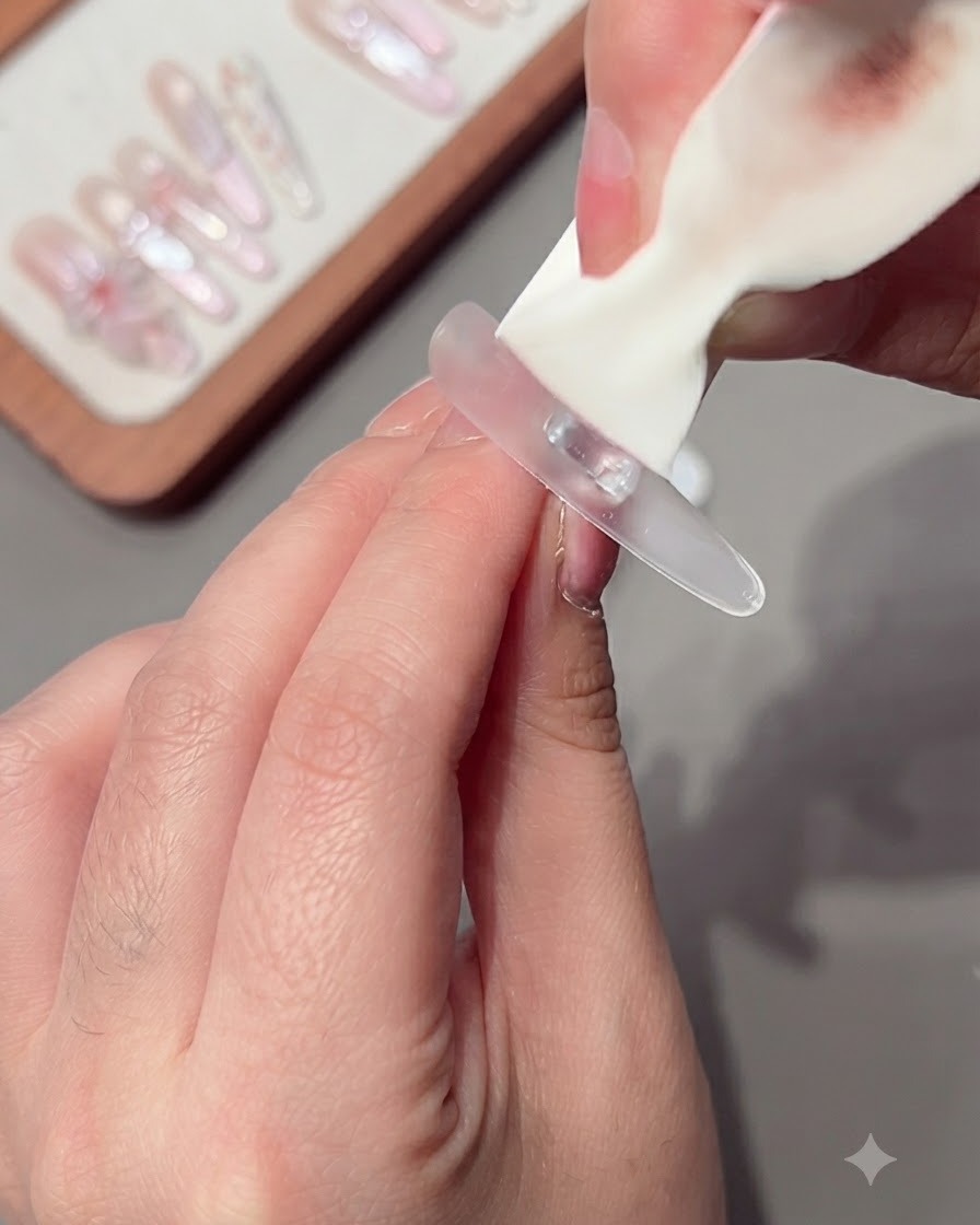 成形されたネイル表面から未硬化ジェルをワイプを使ってきれいに拭き取っている手元。