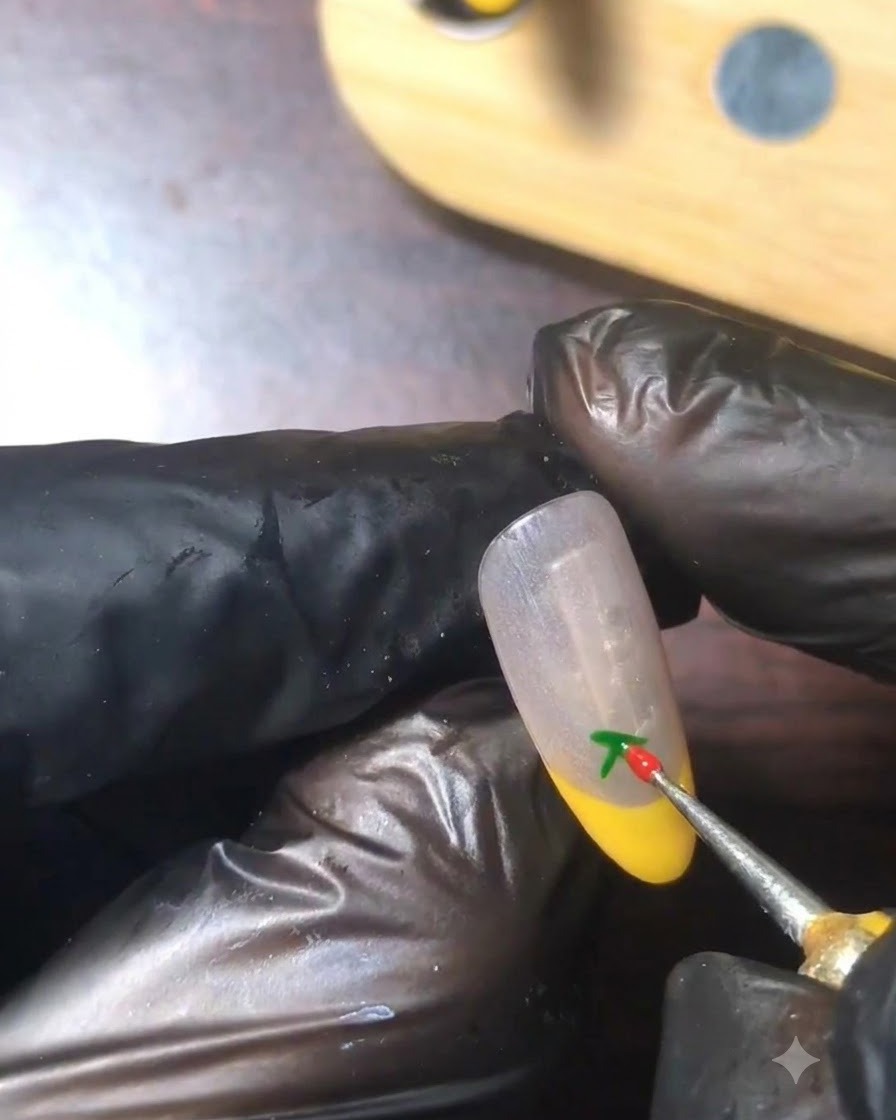 ドッティングツールを使用して、緑の茎の根元に2つの小さな赤いドットを配置してチェリーを形作っている様子。