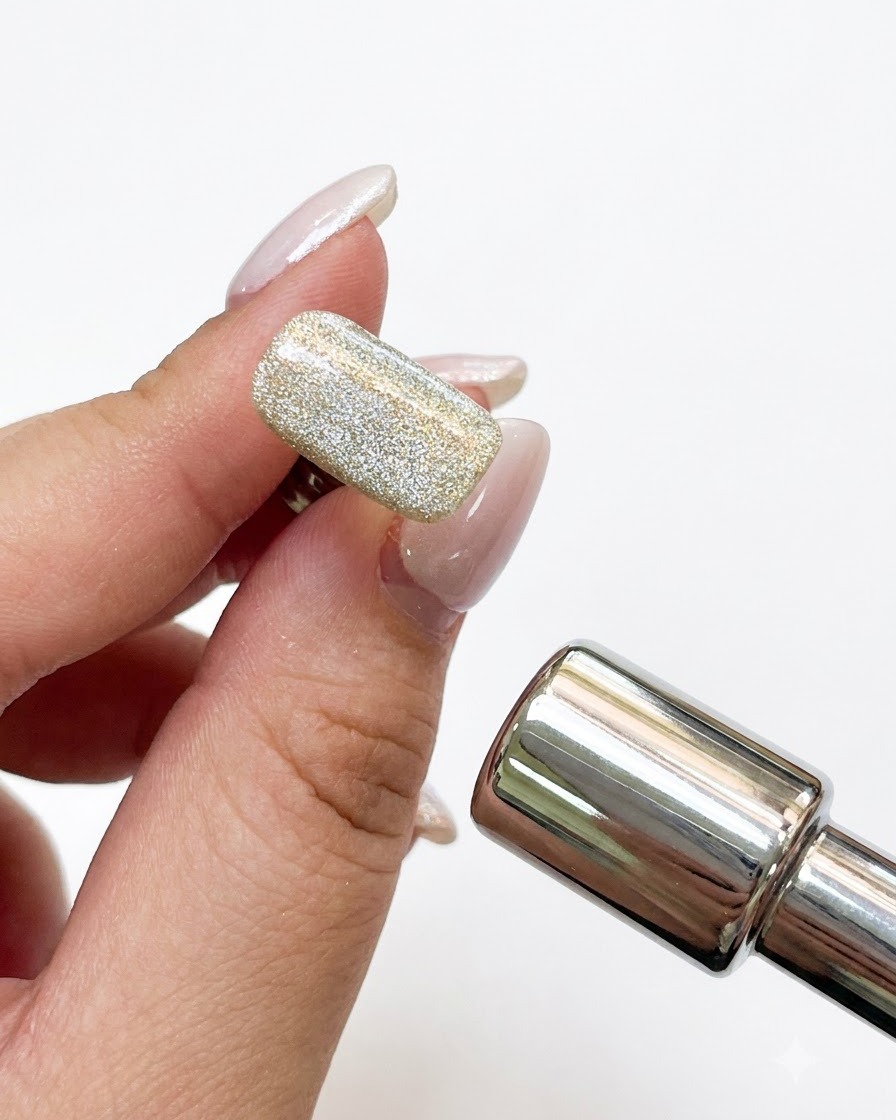 キャッツアイジェルのチップに金属製のマグネットスティックを近づけ、磁性粒子を動かしている様子。