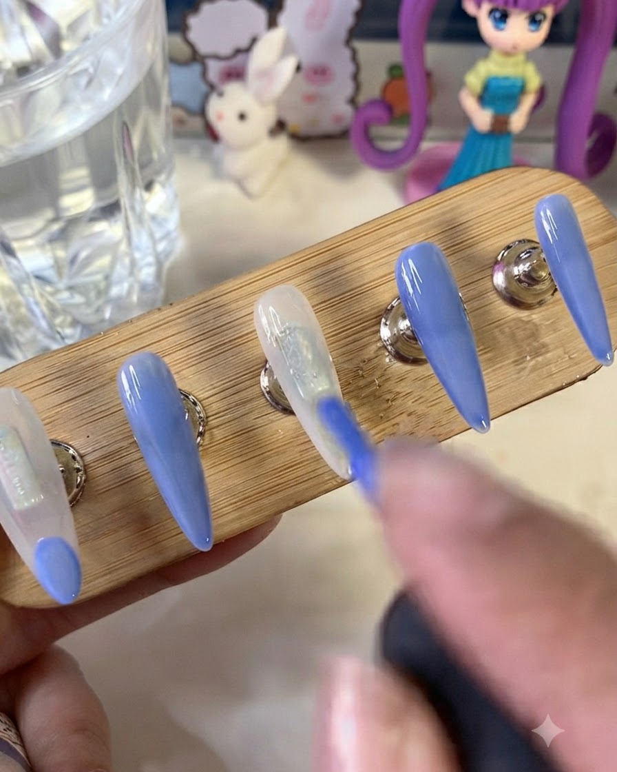 練習用のネイルチップ上で、ミルキーホワイトのベースの上に鮮やかなブルーのフレンチネイルのデザインをブラシで描いている様子。