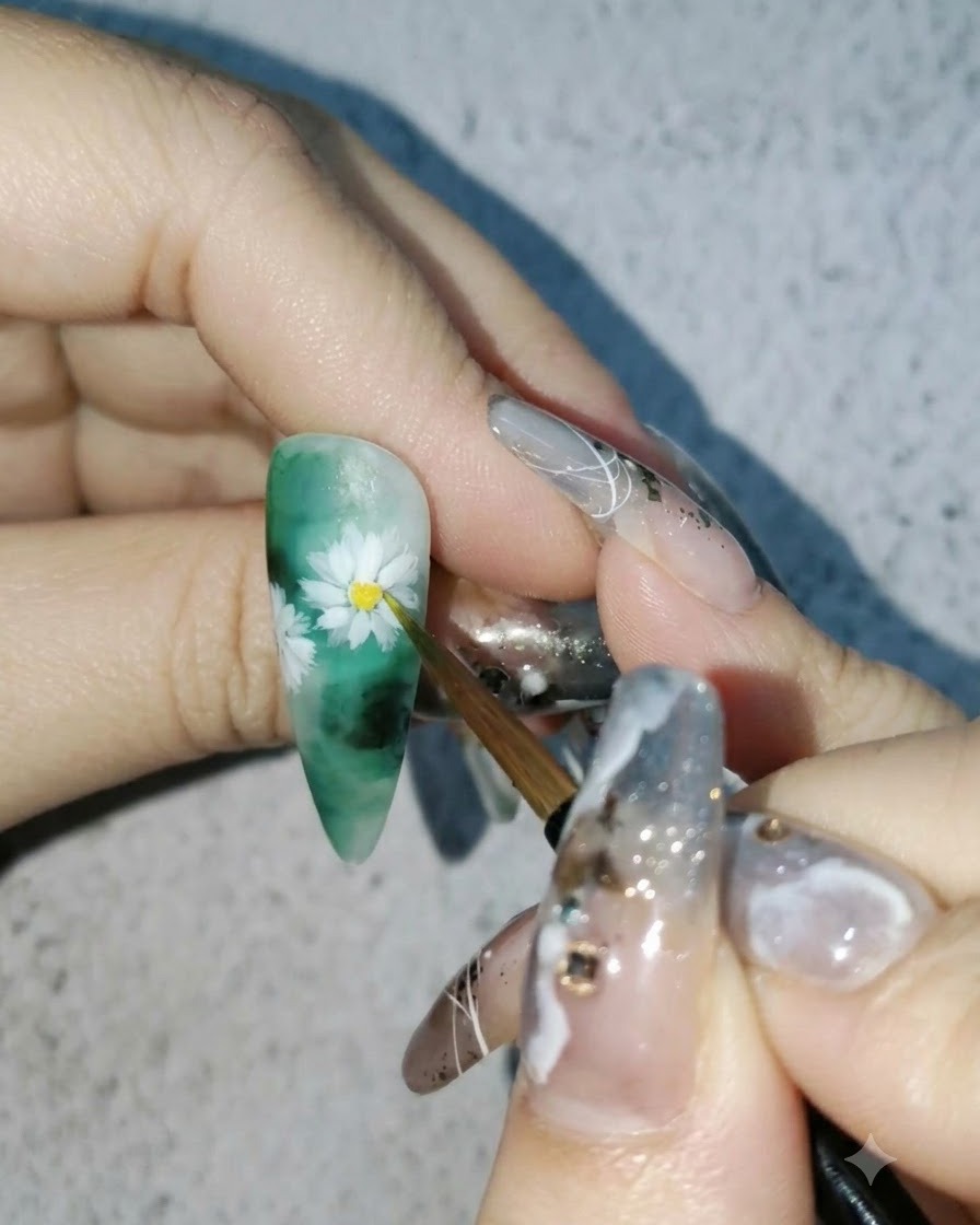 細かいディテールブラシを使い、白いデイジーネイルアートの中心に鮮やかな黄色の水彩絵の具をチョンと乗せている様子。