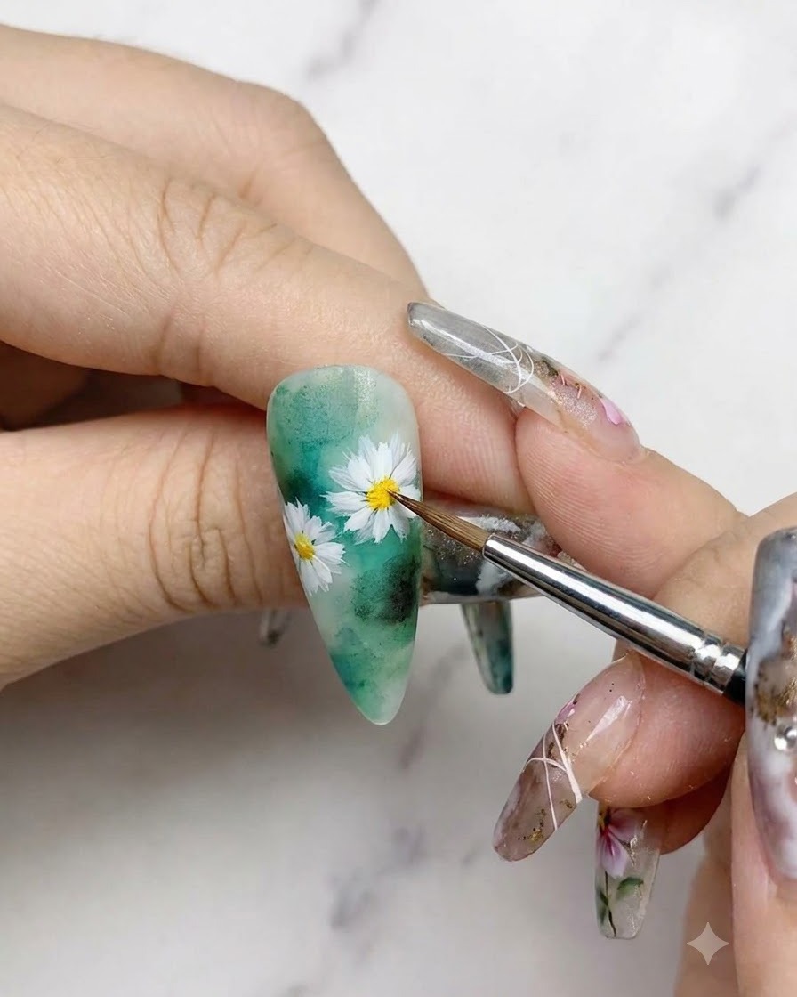 グリーンの水彩ネイル背景に描かれた白いデイジーの横で、極細のネイルアートブラシが繊細な緑の葉や茎を描いている様子。