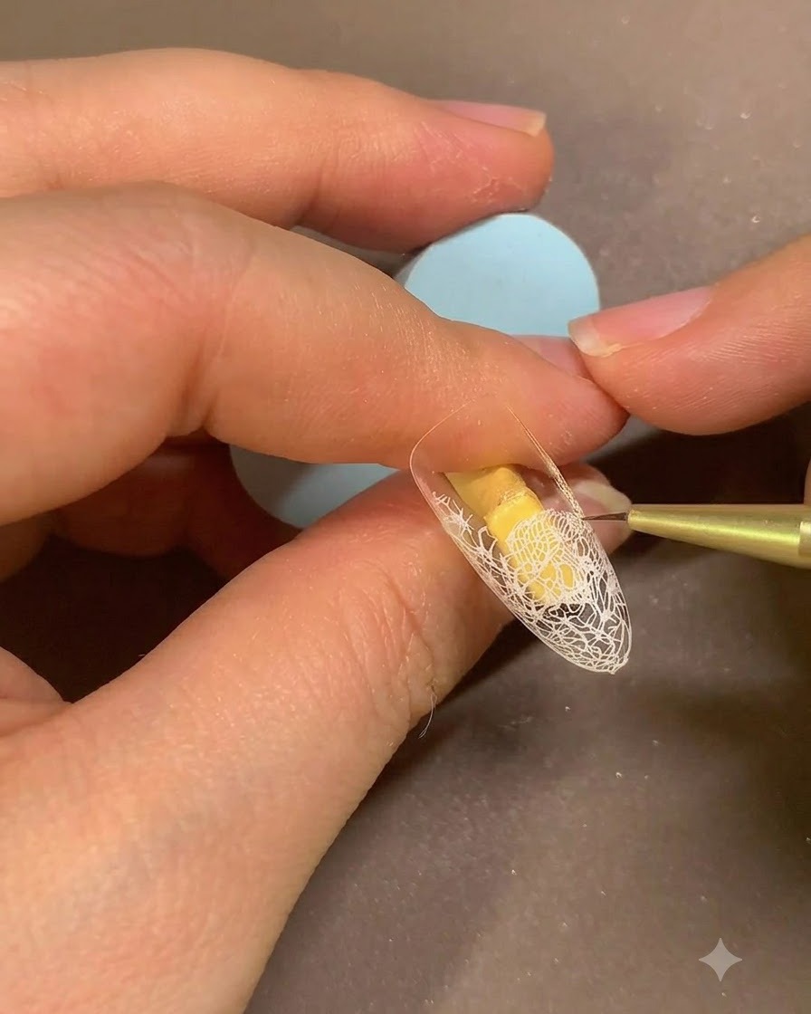 白いレース柄があるネイルチップの上で、極細の筆を使ってベージュジェルの表面をなめらかに整えている様子。