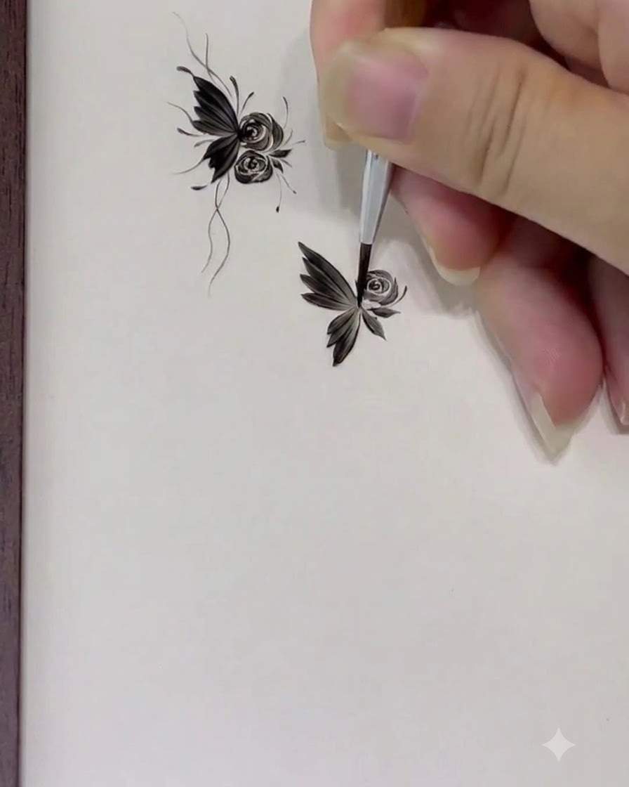 成長するバラのデザインの周りに、ふっくらとしたC字型の花びらを描いているブラシのクローズアップ。