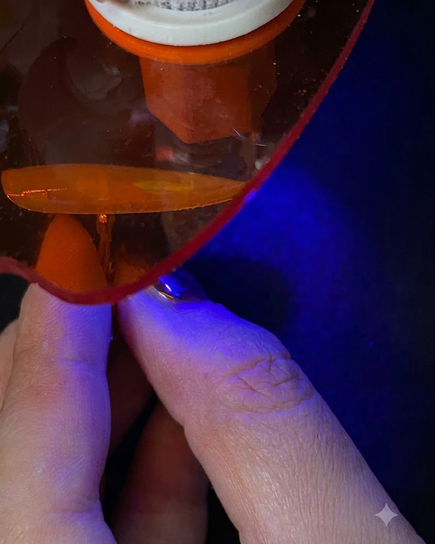 青い光を放つポータブルUV/LED硬化ランプの下に、ネイルチップが置かれている様子。