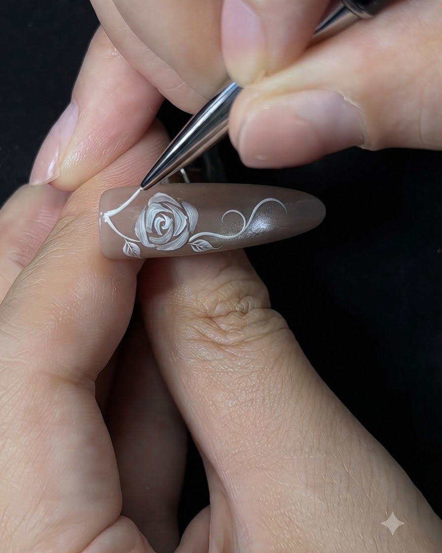 白い薔薇の周りに描かれた、白い曲線のツタと小さな葉のディテールを示すネイルチップのクローズアップ画像。