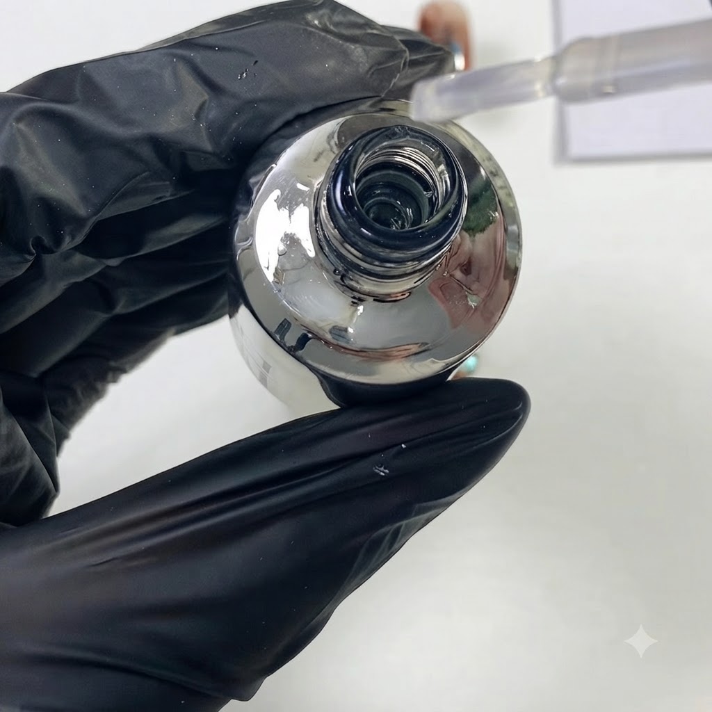ボトルを開け、ブラシアプリケーターですっきりとクリアなテンパードトップコートを持ち上げているクローズアップ。