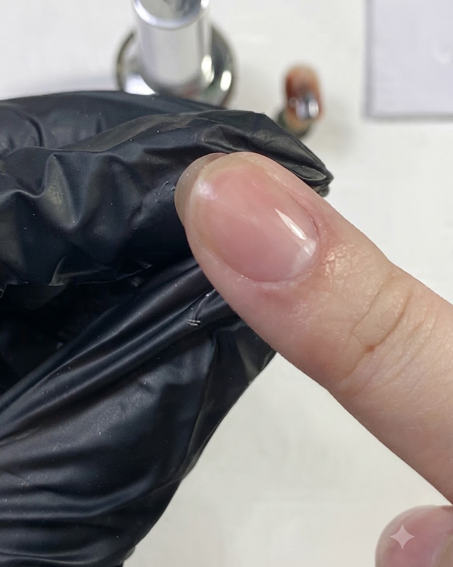 硬化されたネイルのツヤやかで透明な表面を、手袋をした指で強くこすっている様子。