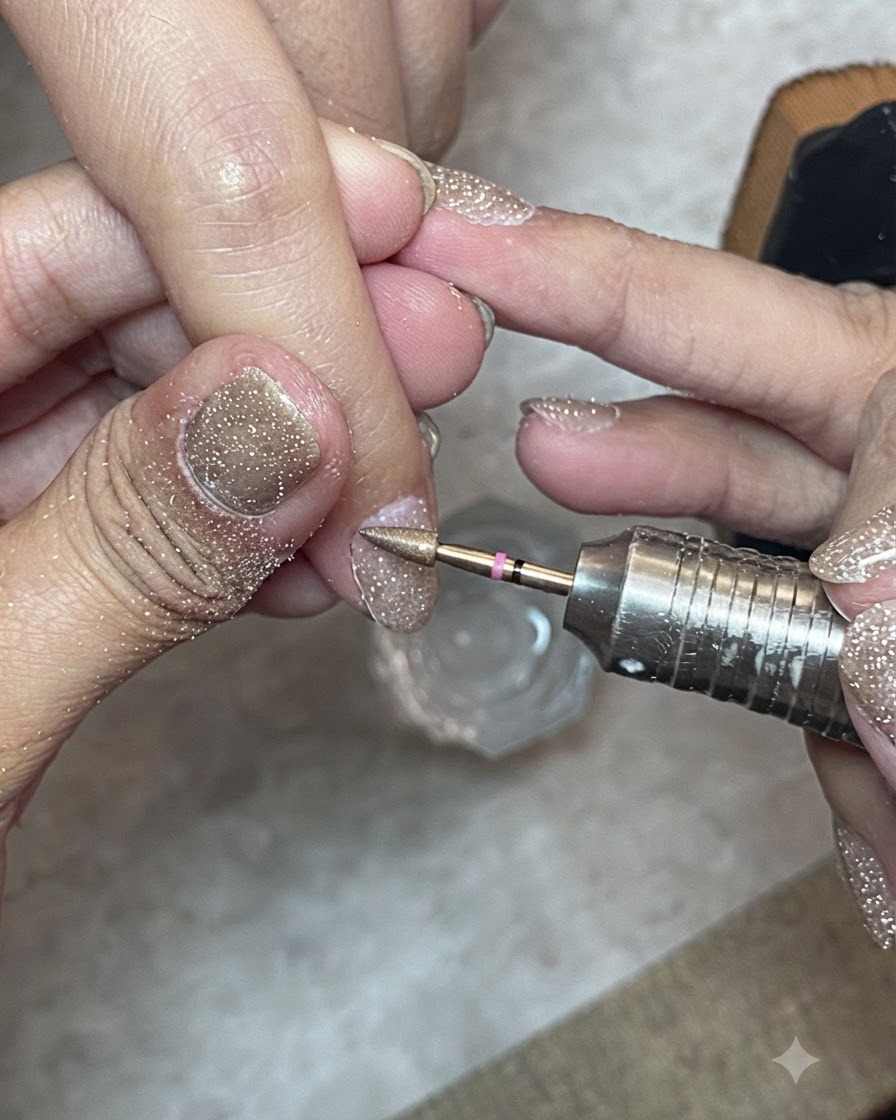 硬めのネイルブラシがプレップ済みの自爪の表面と周囲の皮膚をゴシゴシと掃除している様子。