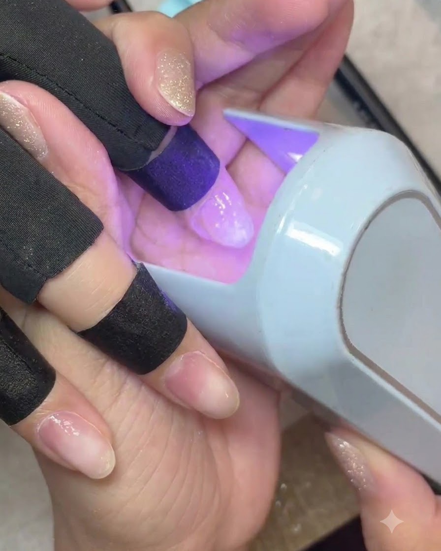 ハンディタイプのUV/LEDミニランプの下に置かれ、クリアベースジェル層を硬化させている指。