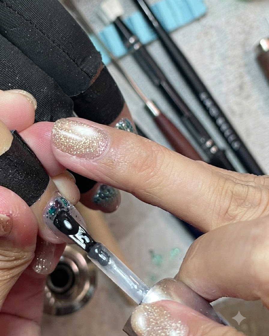 ネイルブラシがミントブルーのスパンコールで装飾されたネイルの先端にクリアカプセル化ジェルを塗布している様子。