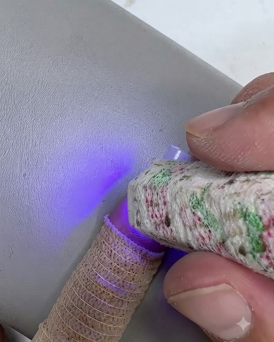 自爪の上に塗布されたクリアジェルを紫色に発光するハンディタイプのミニUV/LEDライトで硬化させているクローズアップ画像。