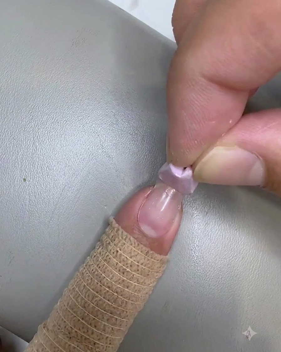 小さなメイク用スポンジを使用して、ネイルの先端にクリアジェルをポンポンと軽く叩き込むように馴染ませている様子。