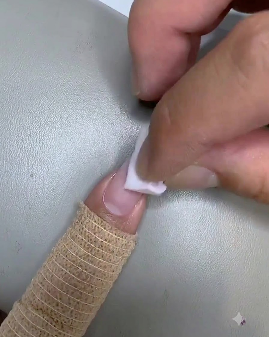 グラデーション作成のステップにおいて、小さなスポンジでピンクのジェルを爪の表面にポンポンと乗せている様子。