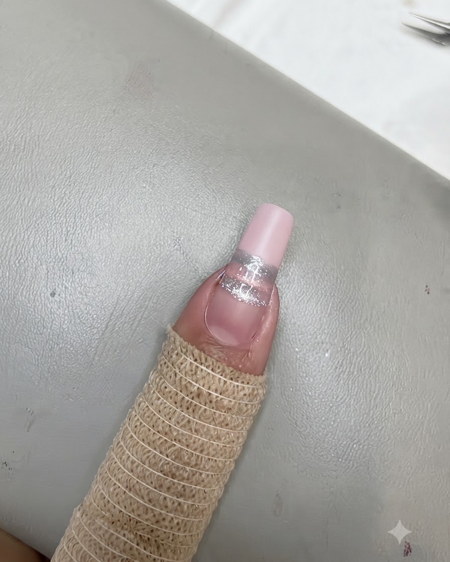 ブルーストライプの上方に長方形の磁石をかざし、シャープなキャッツアイの磁気ライン効果を作り出している様子。