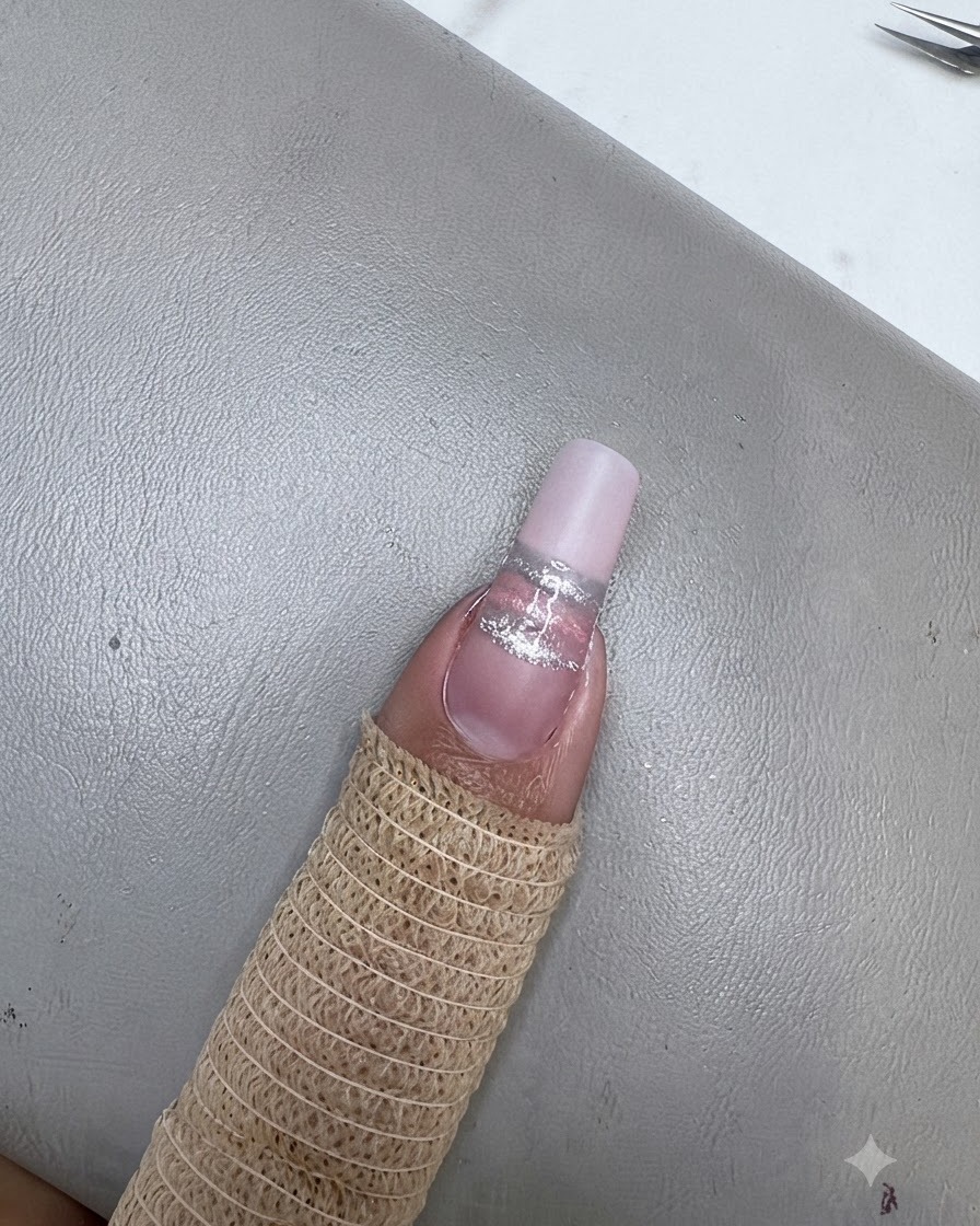ブルーのキャッツアイストライプが施された爪をミニUV/LEDランプで硬化させている様子。