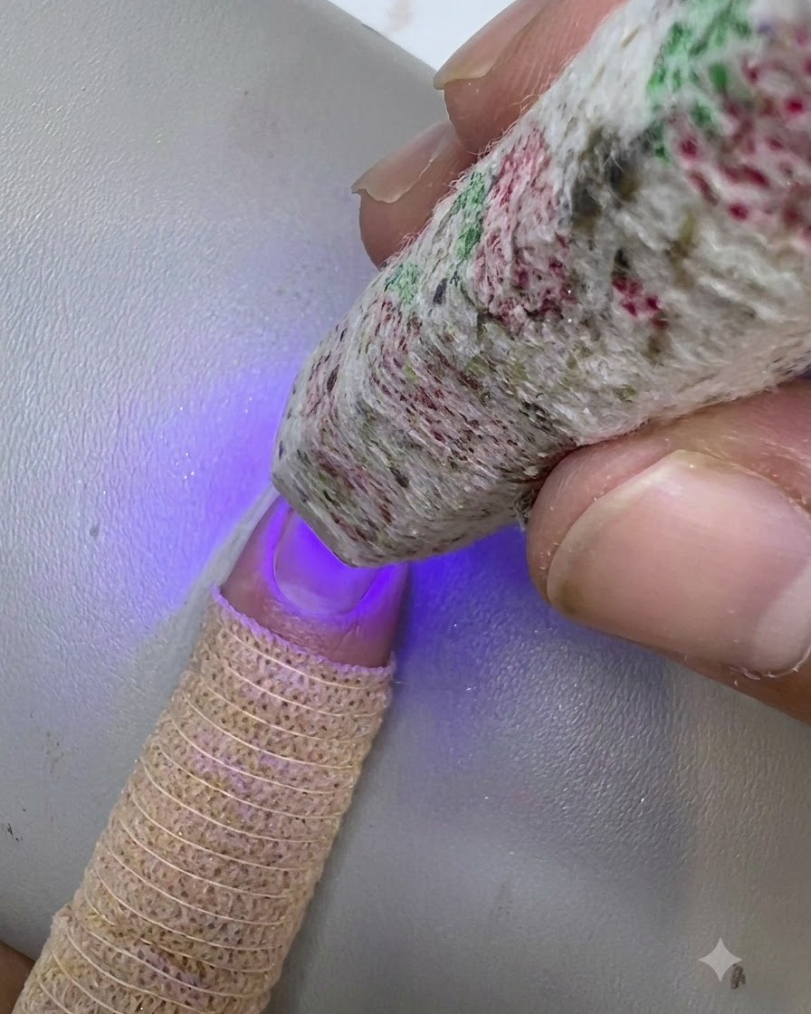 装飾された仕上げのネイルのトップコートを、ミニUV/LEDランプで硬化させている様子。