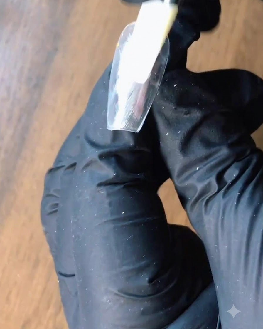 アイシャドウ用のスポンジアプリケーターで、ネイルにシルバーパウダーをポンポンと乗せている様子。