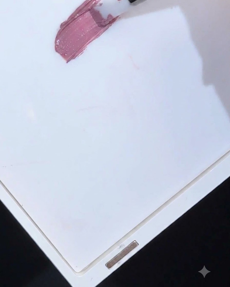 ブラシを使って、白いプラスチックパレットにモーブカラーのパッティングジェルを広げている様子。