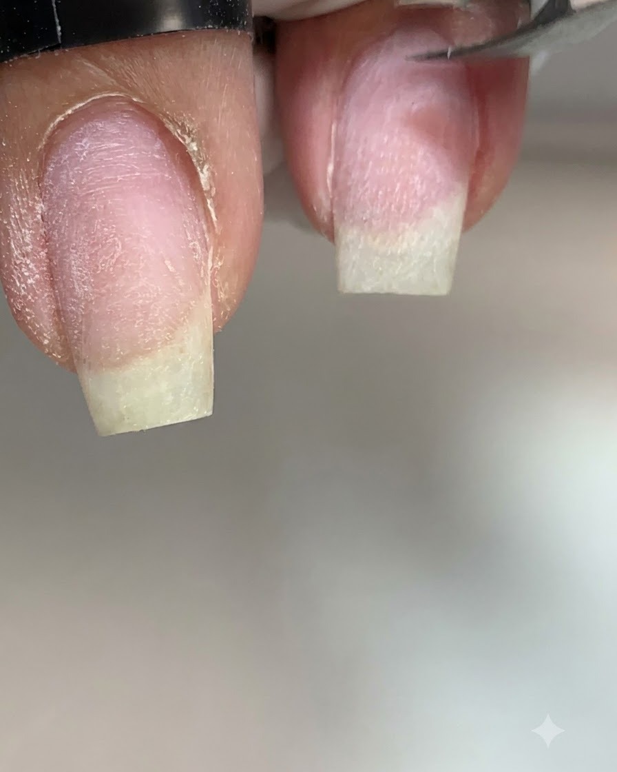 素爪の左側サイドウォールにある乾燥して浮いた皮膚を、メタル製のキューティクルニッパーで精密にカットしている極端なクローズアップ。