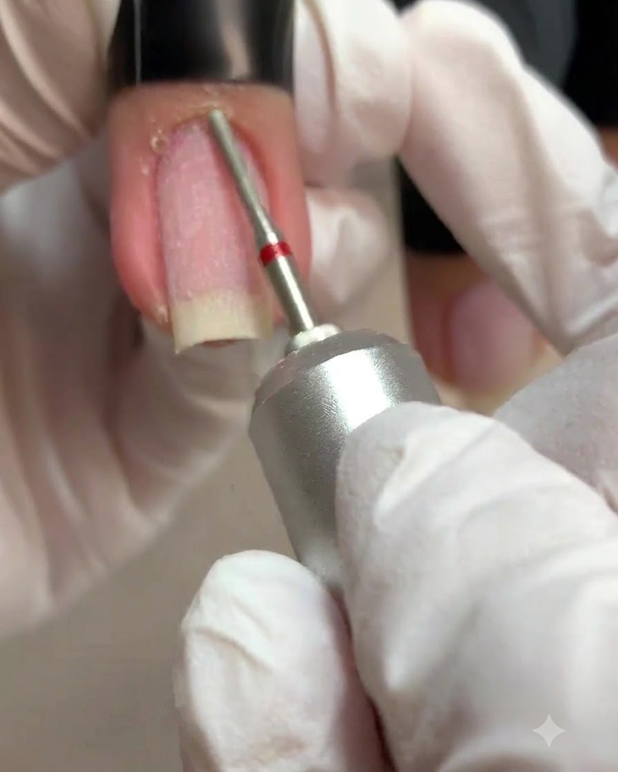 手袋を着用した手が、素爪の横にあるラテラルフォールドの乾燥した皮膚を薄いマイクロビットを装着したネイルマシーンで優しくバフがけしている様子。