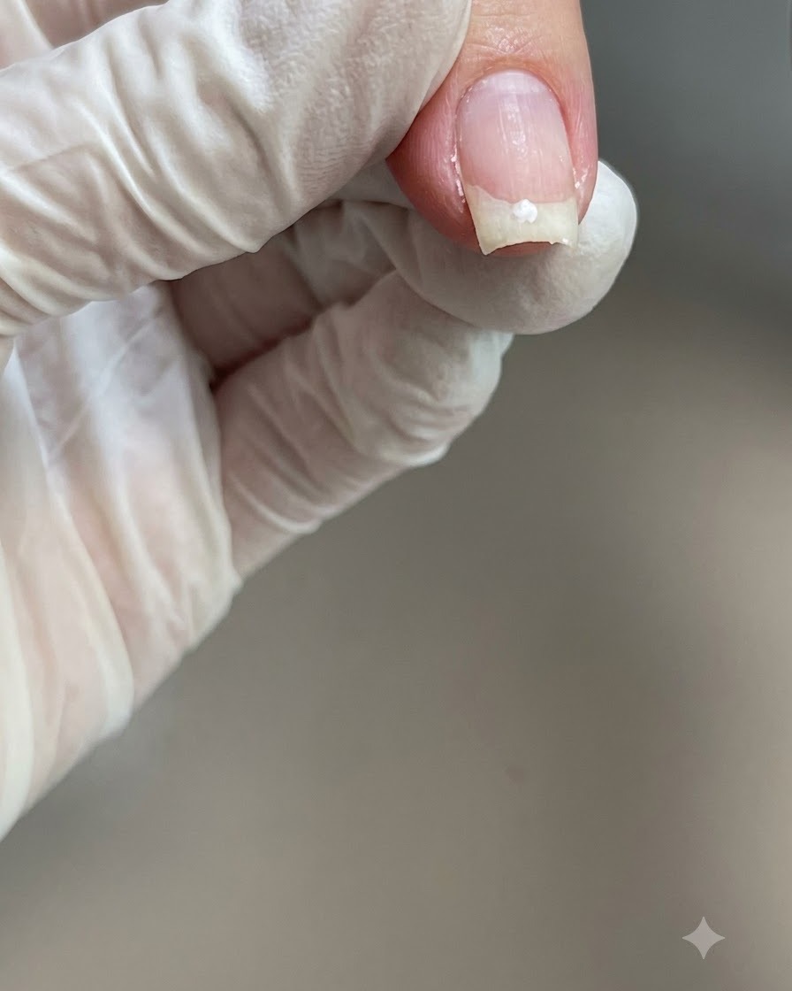 手袋をした指がクレンザーの液を含ませたリントフリーワイプを持ち、硬化後の爪を拭いている様子。
