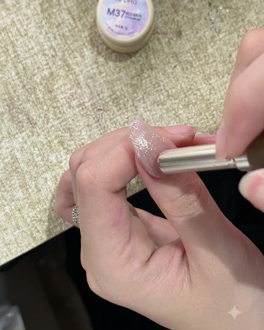 きらめくペイントネイルのキューティクル付近に円筒形のマグネットをかざし、磁気シマーを上向きに誘導している様子。