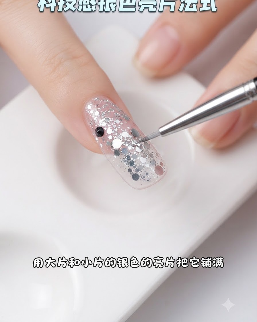 細いネイルブラシを使って、ネイルのフレンチ先端にある大小のシルバーグリッターの配置を調整している様子。